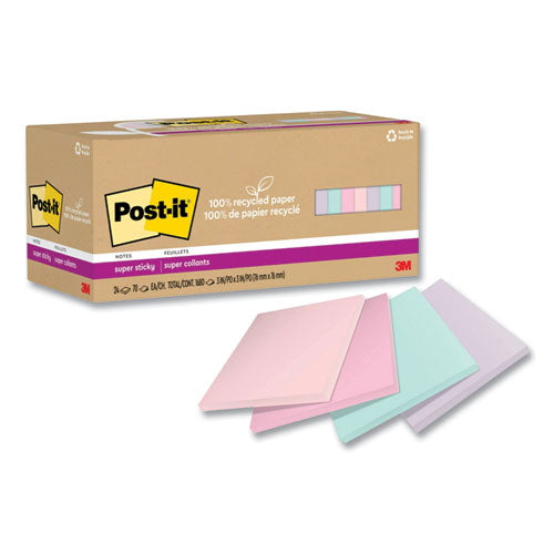 Image of Post-it® Notes Super Sticky 654R-24SSNRPCP 100% Recycled Paper Super Sticky Notes, 3" x 3", Wanderlust Pastels, 70 Sheets/Pad, 24 Pads/Pack
