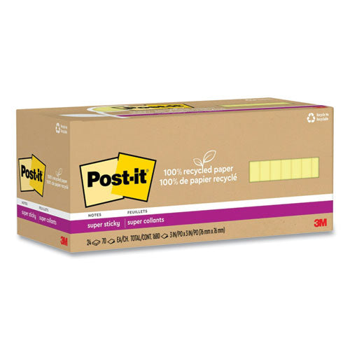 Image of Post-it® Notes Super Sticky 654R-24SSCY-CP 100% Recycled Paper Super Sticky Notes, 3" x 3", Canary Yellow, 70 Sheets/Pad, 24 Pads/Pack