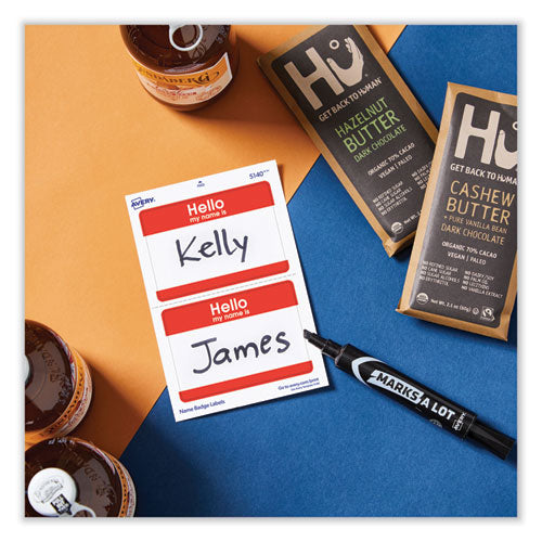 Image of Avery® 13968/5140 Printable Self-Adhesive Name Badges, 2 1/3 X 3 3/8, Red "hello", 100/pack