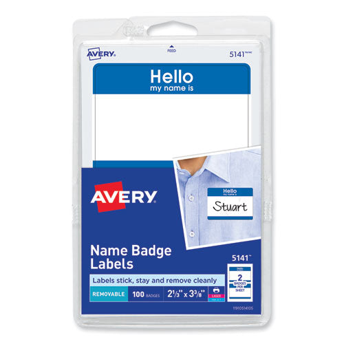 Image of Avery® 05141 Printable Adhesive Name Badges, 3.38 X 2.33, Blue "hello", 100/pack