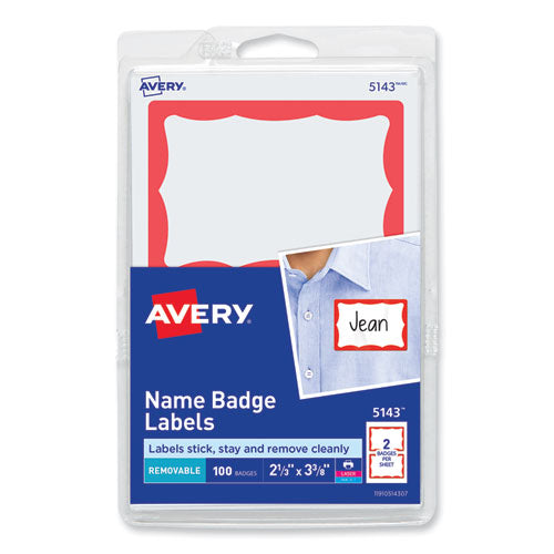 Image of Avery® 05143 Printable Adhesive Name Badges, 3.38 X 2.33, Red Border, 100/pack