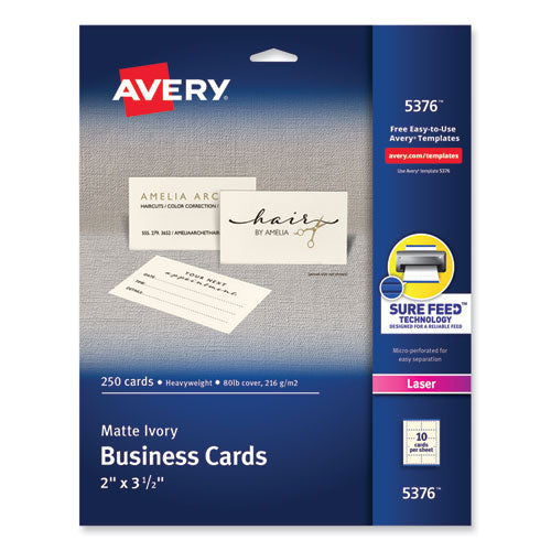 Image of Avery® 05376 Printable Microperforated Business Cards with Sure Feed Technology, Laser, 2 x 3.5, Ivory, 10/Sheet, 25 Sheets/Pack
