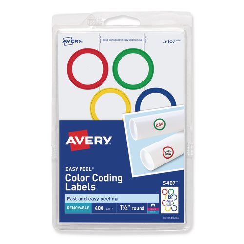 Image of Avery® 05407 Printable Self-Adhesive Removable Color-Coding Labels, 1.25" dia, Assorted Colors, 8/Sheet, 50 Sheets/Box