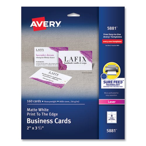 Image of Avery® 05881 Print-to-the-Edge Microperforated Business Cards with Sure Feed Technology, Laser, 2 x 3.5, White, 8/Sheet, 20 Sheets/Pack