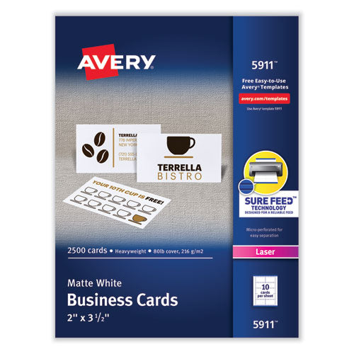 Image of Avery® 05911 Printable Microperforated Business Cards with Sure Feed Technology, Laser, 2 x 3.5, White, 10/Sheet, 250 Sheets/Box