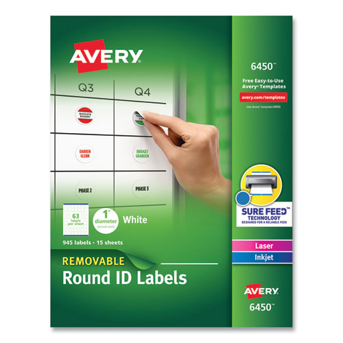 Image of Avery® 06450 Removable Multi-Use Labels, Inkjet/Laser Printers, 1" dia, White, 63/Sheet, 15 Sheets/Pack