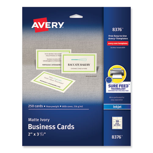 Image of Avery® 08376 Printable Microperforated Business Cards with Sure Feed Technology, Inkjet, 2 x 3.5, Ivory, 10/Sheet, 25 Sheets/Pack