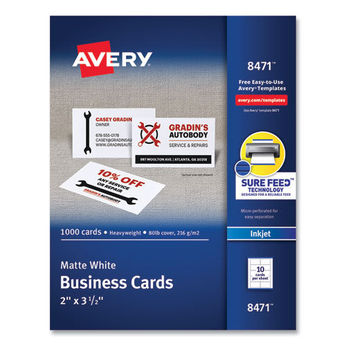 Image of Avery® 08471 Printable Microperforated Business Cards with Sure Feed Technology, Inkjet, 2 x 3.5, White, 10/Sheet, 100 Sheets/Bx