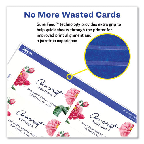 Image of Avery® 08471 Printable Microperforated Business Cards with Sure Feed Technology, Inkjet, 2 x 3.5, White, 10/Sheet, 100 Sheets/Bx
