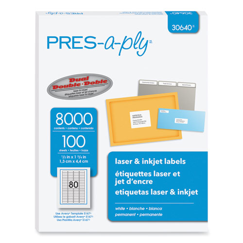 Image of PRES-a-plyÂ® Labels, Inkjet/laser Printers, 0.5 X 1.75, White, 80/sheet, 100 Sheets/pack