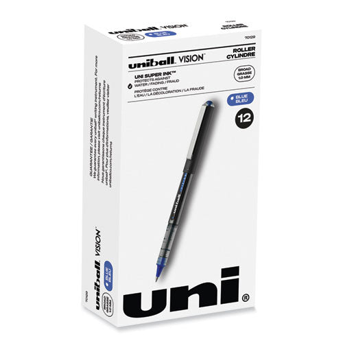 Image of uniball® 70129 VISION Rollerball Pen, Stick, Bold 1 mm, Blue Ink, Black/Blue/Clear Barrel, Dozen