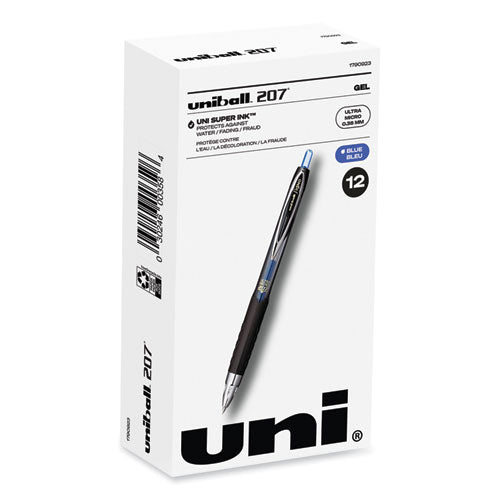 Image of uniball® 1790923 207 Ultra Micro Gel Pen, Retractable, Ultra-Micro 0.38 mm, Blue Ink, Clear/Black Barrel