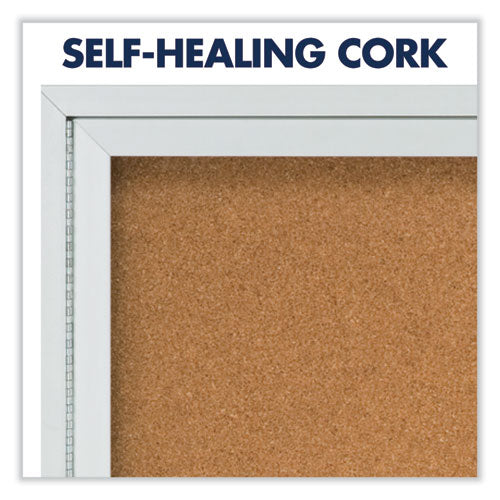 Image of Quartet® 2363 Enclosed Indoor Cork Bulletin Board with One Hinged Door, 24" x 36", Tan Surface, Satin Aluminum Frame