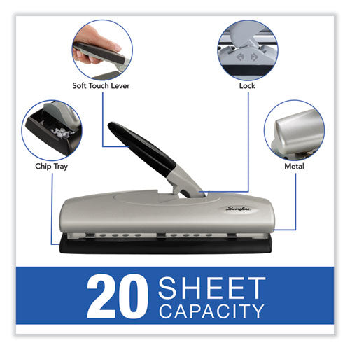 Image of Swingline® A7074030E 20-Sheet Lighttouch Desktop Two- To Seven-Hole Punch, 9/32" Holes, Silver/black