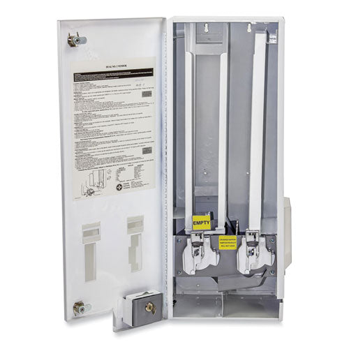 Image of HOSPECO® D1-25 Dual Channel Sanitary Napkin/Tampon Vendor, 25 Cent Coin Mechanism, 11.13 x 7.63 x 26.38, White/Blue