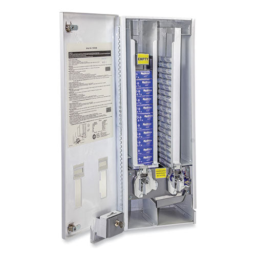 Image of HOSPECO® D1-25 Dual Channel Sanitary Napkin/Tampon Vendor, 25 Cent Coin Mechanism, 11.13 x 7.63 x 26.38, White/Blue