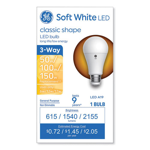 Image of GE 93130566 Classic LED SW Non-Dim A19 Light Bulb, 3-Way: 6 W - 12 W - 17 W, Soft White
