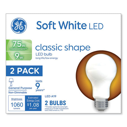 Image of GE 93109032 Classic LED SW Non-Dim A19 Light Bulb, 9 W, Soft White, 2/Pack