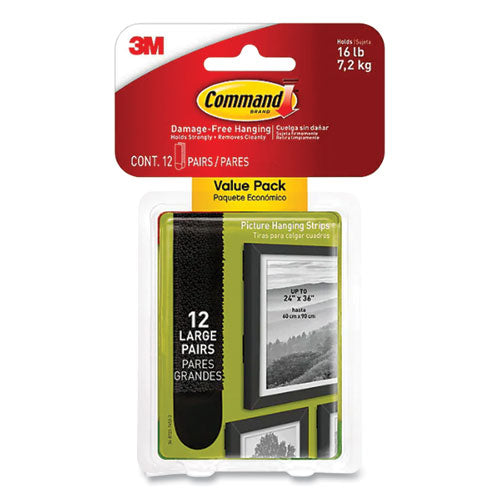 Image of Command 17206BLK-12ES Bath Picture Hanging Strip Pairs, Holds Up to 4 lb, Large: 0.75" x 3.65", Black, 12/Pack