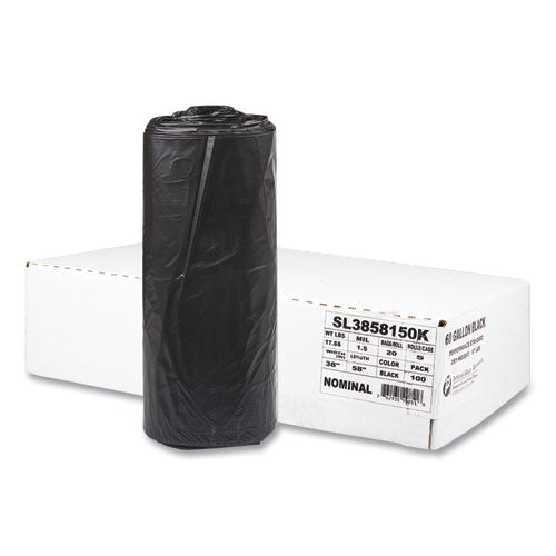 Image of Inteplast Group SL3858150K Low-Density Commercial Can Liners, 60 gal, 1.5 mil, 38" x 58", Black, Interleaved Roll, 20 Bags/Roll, 5 Rolls/Carton