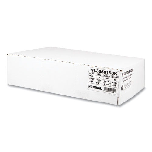 Image of Inteplast Group SL3858150K Low-Density Commercial Can Liners, 60 gal, 1.5 mil, 38" x 58", Black, Interleaved Roll, 20 Bags/Roll, 5 Rolls/Carton