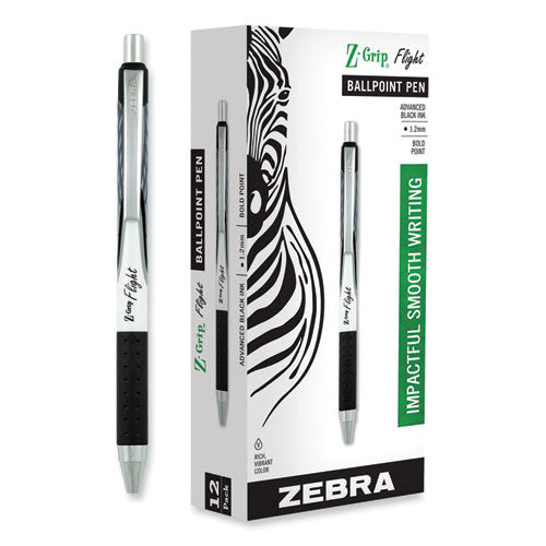 Image of Zebra® 21910 Z-Grip Flight Ballpoint Pen, Retractable, Bold 1.2 mm, Black Ink, Black/Gray/White Barrel, 12/Pack