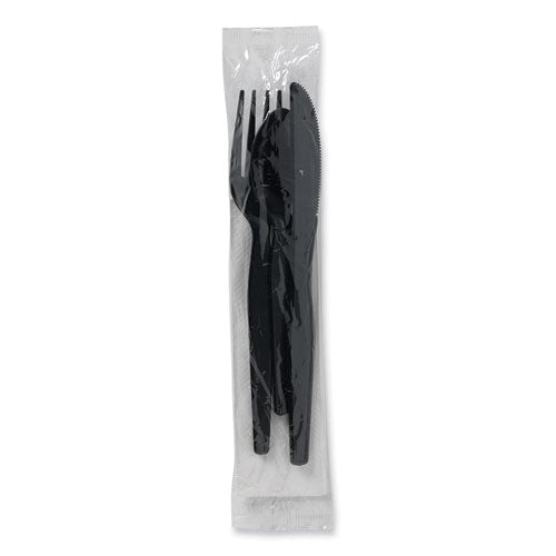 Image of Dixie® CH56NC7 Individually Wrapped Heavyweight Cutlery Set, Fork/Knife/Napkin/Spoon, Plastic, Black, 250/Carton