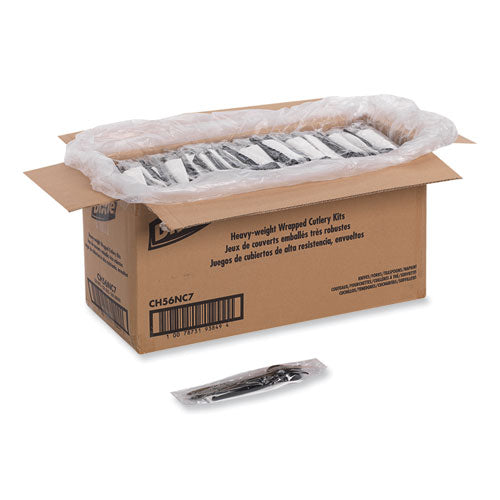 Image of Dixie® CH56NC7 Individually Wrapped Heavyweight Cutlery Set, Fork/Knife/Napkin/Spoon, Plastic, Black, 250/Carton