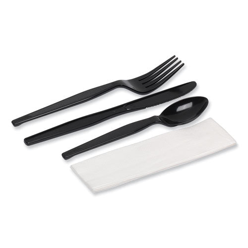 Image of Dixie® CH56NC7 Individually Wrapped Heavyweight Cutlery Set, Fork/Knife/Napkin/Spoon, Plastic, Black, 250/Carton
