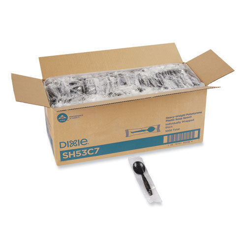 Image of Dixie® SH53C7 Individually Wrapped Heavyweight Soup Spoons, 5.75", Plastic, Black, 1,000/Carton