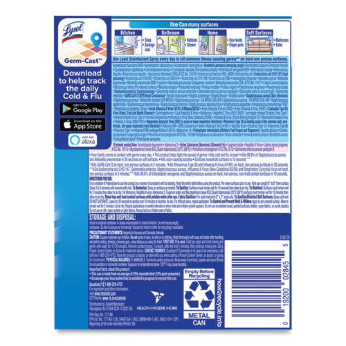 Image of LYSOL® Brand 19200-02845 Disinfectant Spray, Spring Waterfall, Liquid, 12.5 Oz Aerosol Spray, 12/carton