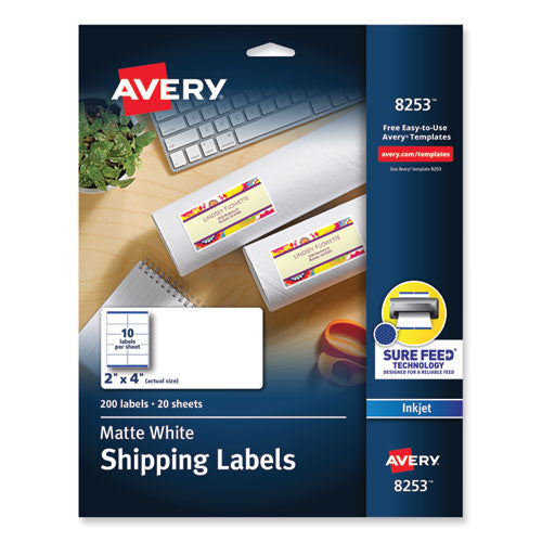 Image of Avery® 08253 Vibrant Inkjet Color-Print Labels W/ Sure Feed, 2 X 4, Matte White, 200/pk