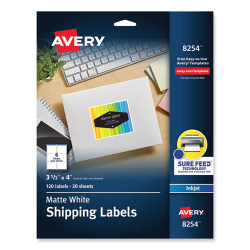 Image of Avery® 08254 Vibrant Inkjet Color-Print Labels w/ Sure Feed, 3.33 x 4, Matte White, 120/PK