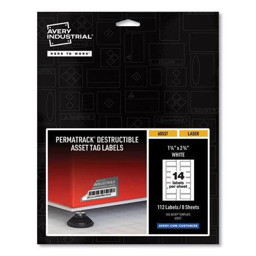 Image of Avery® 60537 Permatrack Destructible Asset Tag Labels, Laser Printers, 1.25 X 2.75, White, 14/sheet, 8 Sheets/pack