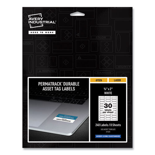 Image of Avery® 61526 Permatrack Durable White Asset Tag Labels, Laser Printers, 0.75 X 2, White, 30/sheet, 8 Sheets/pack