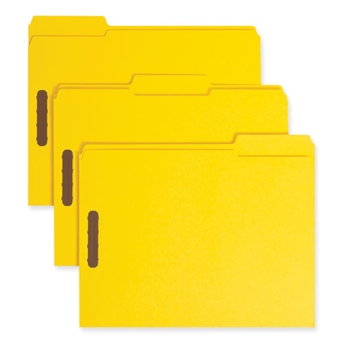 Image of Smead 12940 Top Tab Colored Fastener Folders, 1/3-Cut Tab: Assorted, Expands 0.75", 2 Fasteners, Letter Size, Yellow, 50/Box