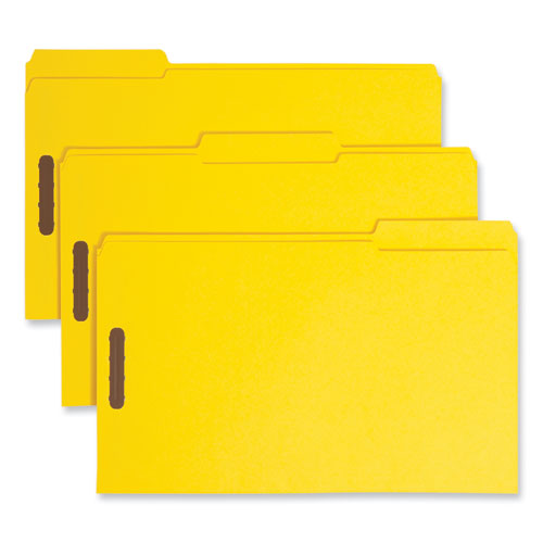 Image of Smead 17940 Top Tab Colored Fastener Folders, 1/3-Cut Tab: Assorted, Expands 0.75", 2 Fasteners, Legal Size, Yellow, 50/Box