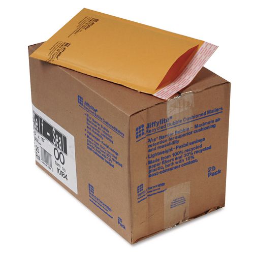 Image of Sealed Air Jiffylite Self-Seal Bubble Mailer, #00, Barrier Bubble Air Cell Cushion, Self-Adhesive Closure, 5 x 10, Brown Kraft, 25/CT