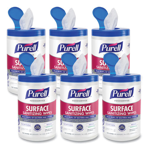 Image of PURELL® 9341-06 Foodservice Surface Sanitizing Wipes, 1-Ply, 10 x 7, Fragrance-Free, White, 110/Canister, 6 Canisters/Carton