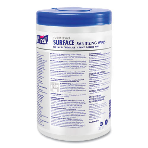 Image of PURELL® 9341-06 Foodservice Surface Sanitizing Wipes, 1-Ply, 10 x 7, Fragrance-Free, White, 110/Canister, 6 Canisters/Carton