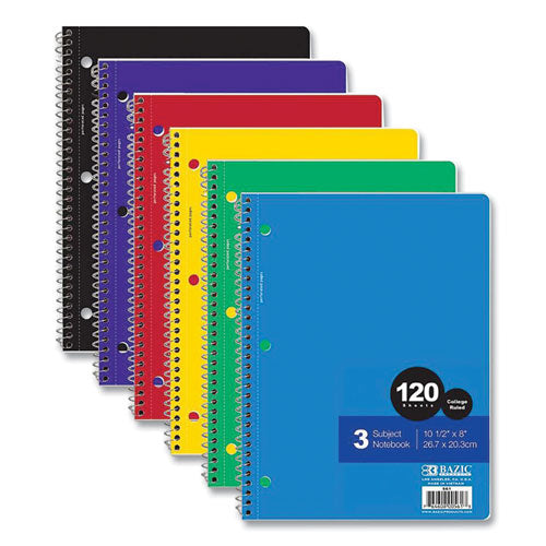 Image of BAZIC® Products BAZ561 Spiral Notebooks, 3-Subject, Medium/College Rule, Randomly Assorted Cover Color, (120) 10.5 x 8 Sheets