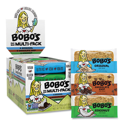 Image of Bobo's BBO00098 Oat Bar Coconut/Chocolate Chip/Original Multipack, 3 oz Individually Wrapped, 12/Box