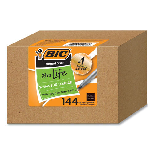 Image of BIC® GSM144AZ-BLK Round Stic Xtra Life Ballpoint Pen, Stick, Medium 1 mm, Black Ink, Translucent Black Barrel, 144/Pack