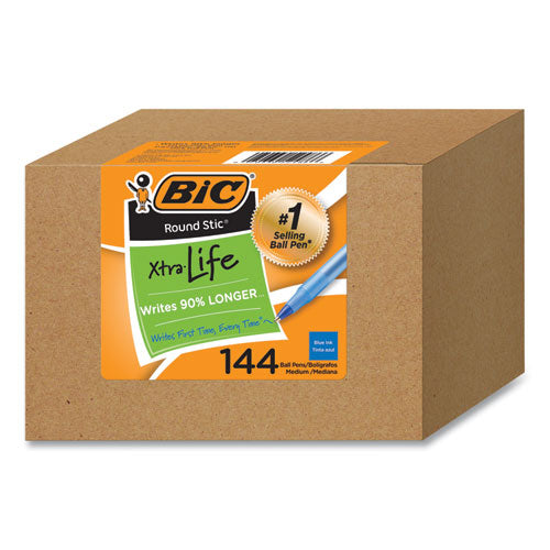 Image of BIC® GSM144AZ-BLU Round Stic Xtra Life Ballpoint Pen, Stick, Medium 1 mm, Blue Ink, Translucent Blue Barrel, 144/Pack