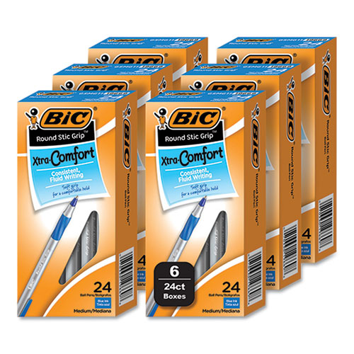 Image of BIC® GSMG144E-BLU Round Stic Grip Xtra Comfort Ballpoint Pen, Stick, Medium 1 mm, Blue Ink, Gray/Blue Barrel, 144/Pack