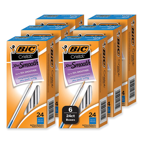 Image of BIC® MS144E-BLU Cristal Xtra Smooth Ballpoint Pen, Stick, Medium 1 mm, Blue Ink, Clear Barrel, 144/Pack