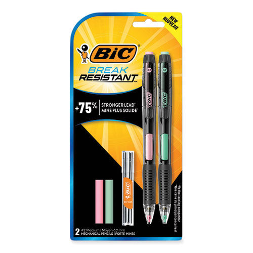 Image of BIC® MV7PRP2-BLK Break-Resistant Mechanical Pencils with Erasers, 0.7 mm, HB (#2), Black Lead, Assorted Barrel Colors, 2/Pack