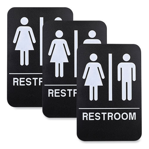 Image of Excello Global Products® EGP-HD-0275-S Indoor/Outdoor Restroom with Braille Text, 6 x 9, Black Face, White Graphics, 3/Pack
