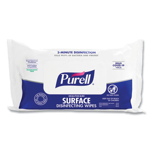 Image of PURELL® 9370-12 Healthcare Surface Disinfecting Wipes, 1-Ply, 7 x 10, Unscented, White, 72/Pack