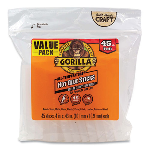 Image of Gorilla® 3034502 Hot Glue Sticks, 0.43" Dia X 4", Dries Clear, 45/pack